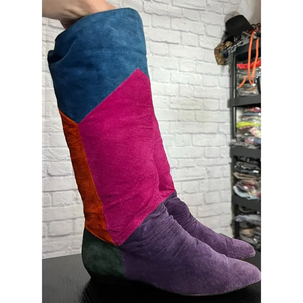 Amazing Vintage 80's Queen's Vibrant Suede Leather Colorblock Pointed Toe Boots